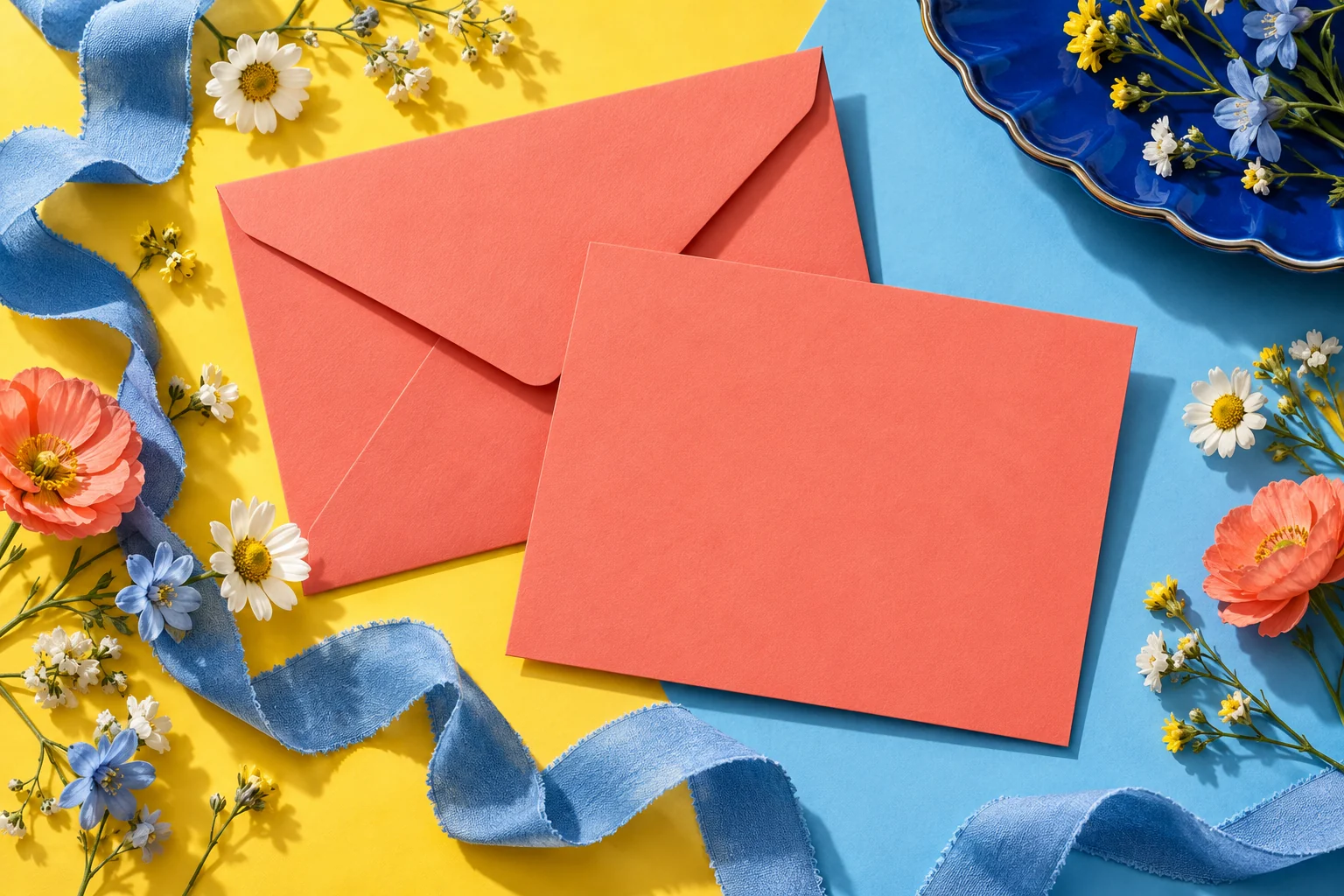 An arrangement of blank invitations, bright paper and gathering details