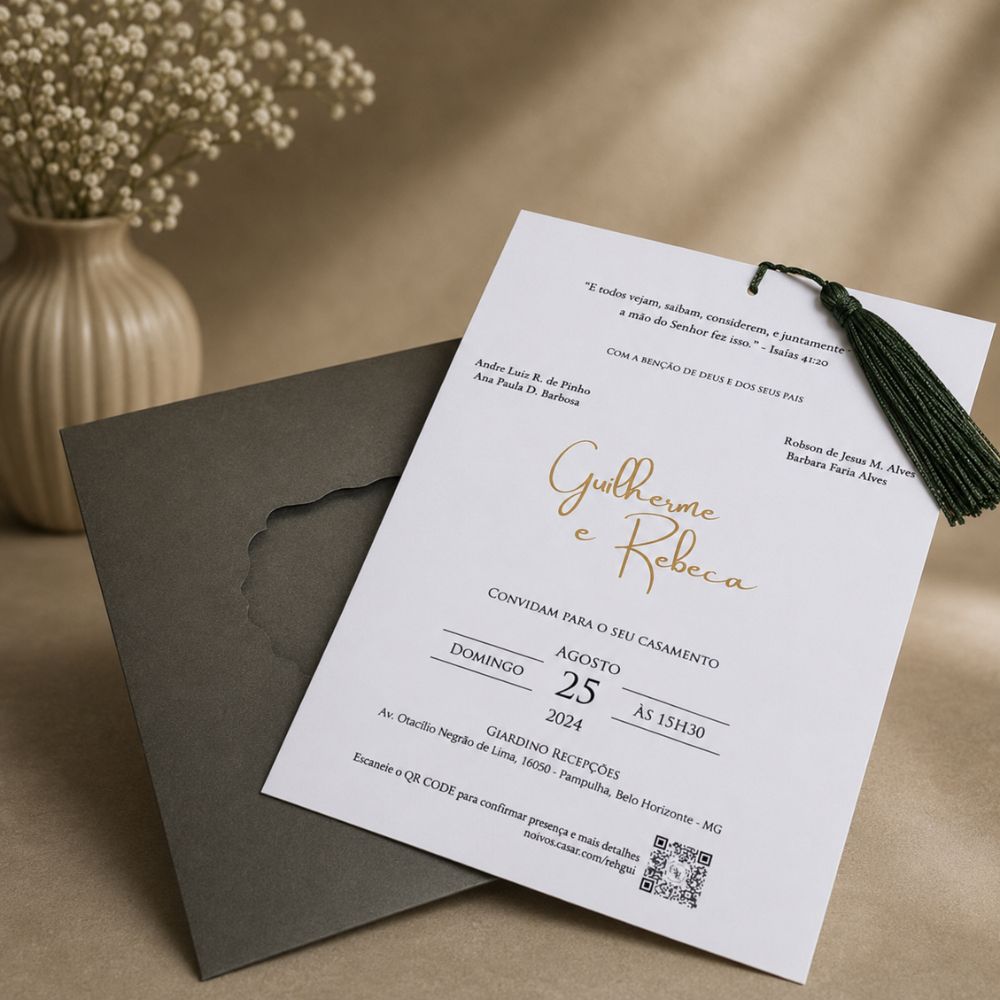 Convite de Casamento Verde Oliva 2 Parte interna do convite de casamento verde oliva com relevo americano e hot dourado