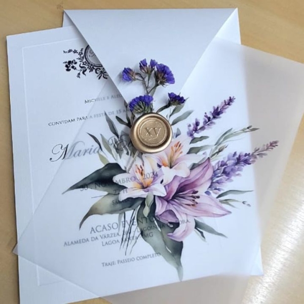 Convite de 15 anos, convite para debutante, convite floral, convite lavanda, convite para aniversário, convite para bodas, convidando com elegância