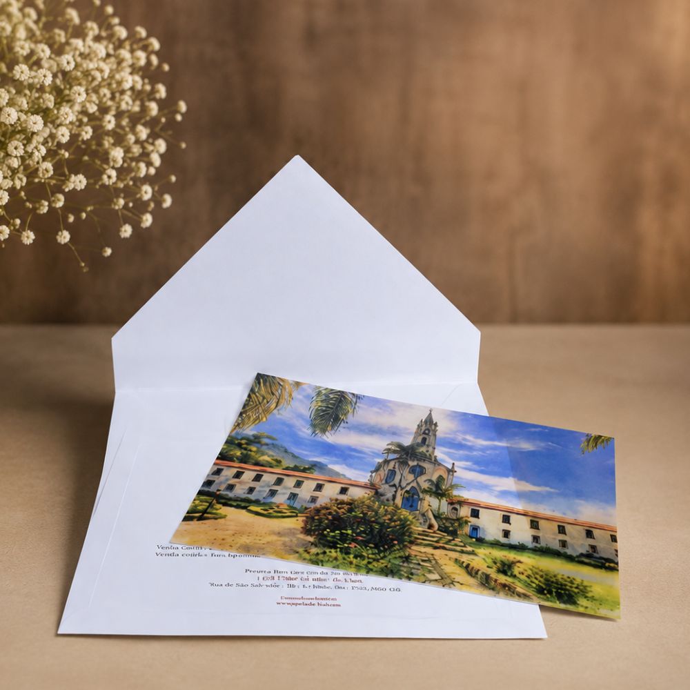 Convite de casamento com Aquarela 2 5 Convite de casamento com ilustração em aquarela da Igreja do Caraça e envelope branco aberto.
