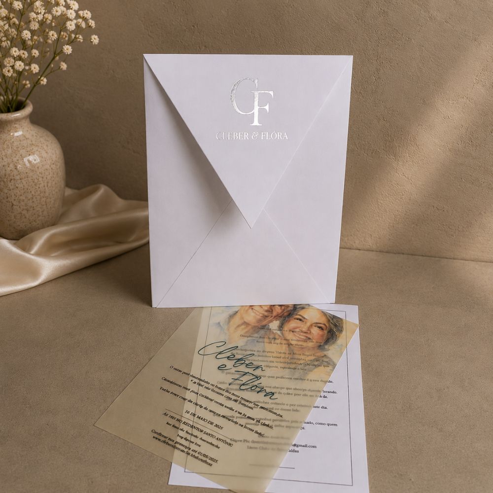 Convite para Bodas com Aquarela 3 Convite de casamento aberto com papel vegetal personalizado e convite interno.
