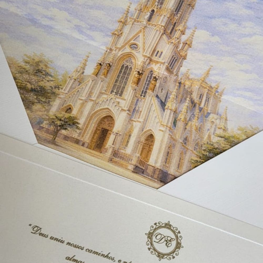 Convite de casamento com aquarela 4 Convite de casamento personalizado com envelope e forro ilustrado de igreja em aquarela.