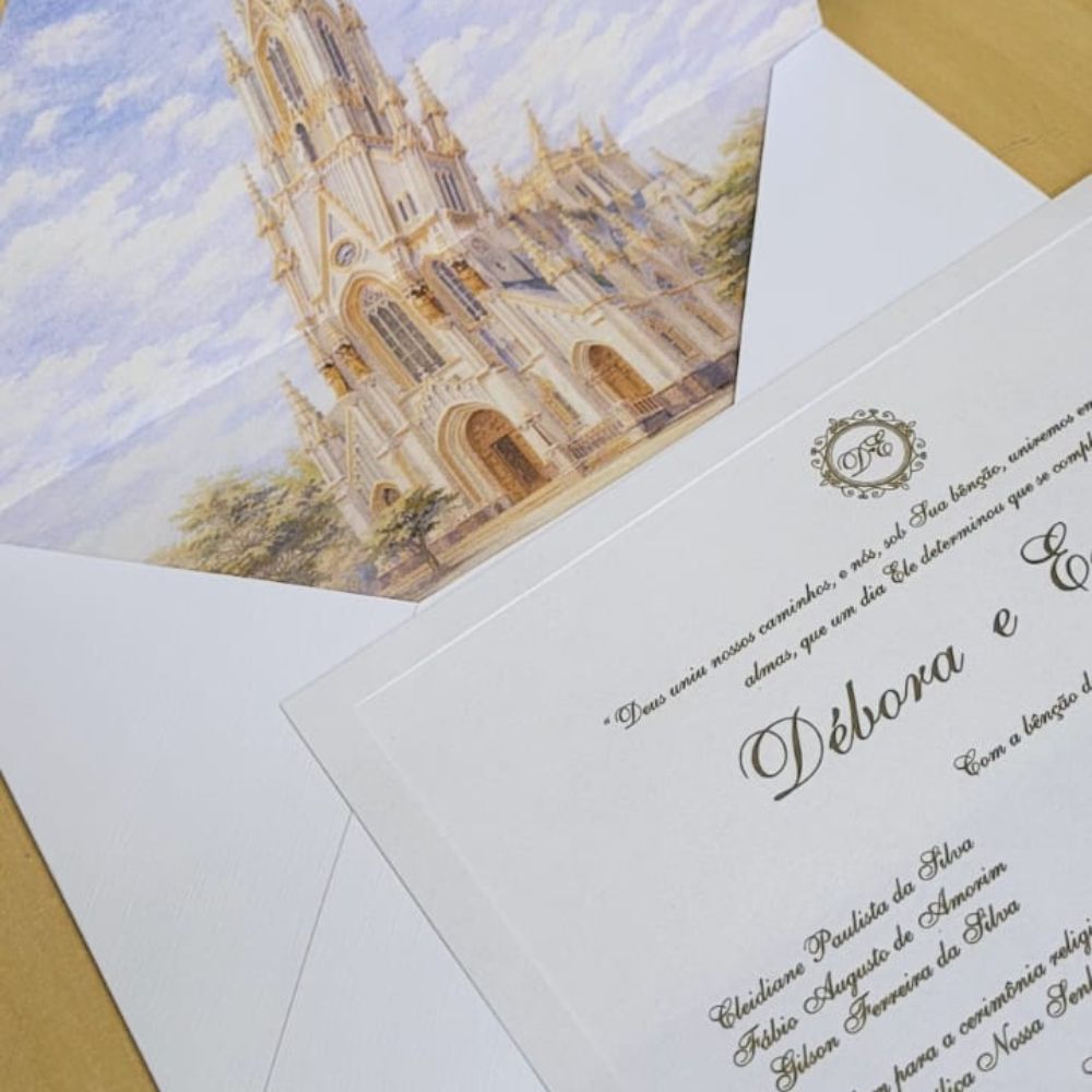 Convite de casamento com aquarela 5 Detalhe da impressão do convite de casamento elegante com acabamento refinado.