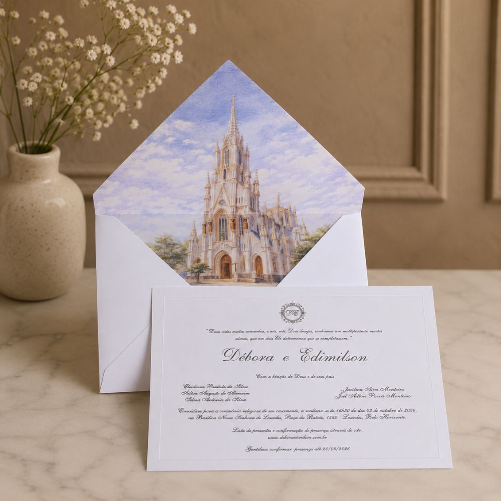 Convite de casamento com aquarela 3 Detalhe do forro personalizado de envelope para convite de casamento com ilustração de igreja.