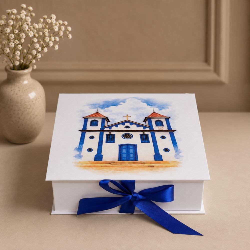 Caixa para Padrinho com Aquarela – 20 x 20 x 7 4 Acabamento da fita de cetim azul da caixa convite para padrinhos de casamento.