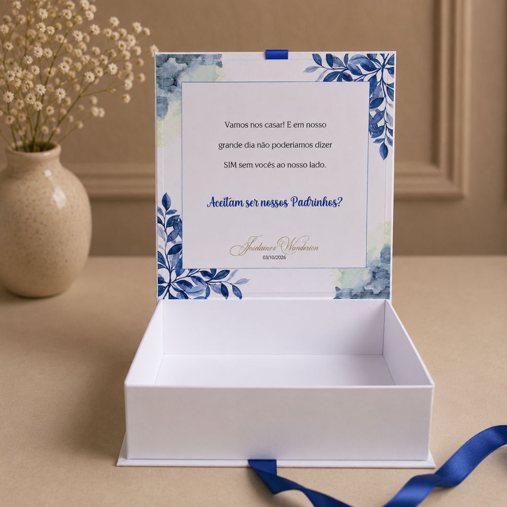 Caixa para Padrinho com Aquarela – 20 x 20 x 7 3 Interior da caixa convite para padrinhos de casamento personalizada com mensagem especial.