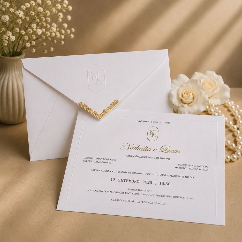Convite de Casamento Elegante com Hot Stamping Dourado 1 Convite de casamento elegante com hot stamping dourado