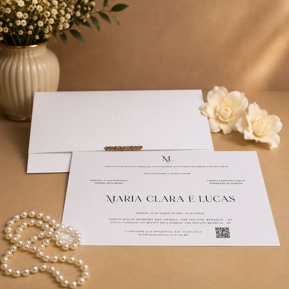 Convite de Casamento com Monograma e Ponteira Prata 1 Convite de casamento com monograma em relevo seco e ponteira prata