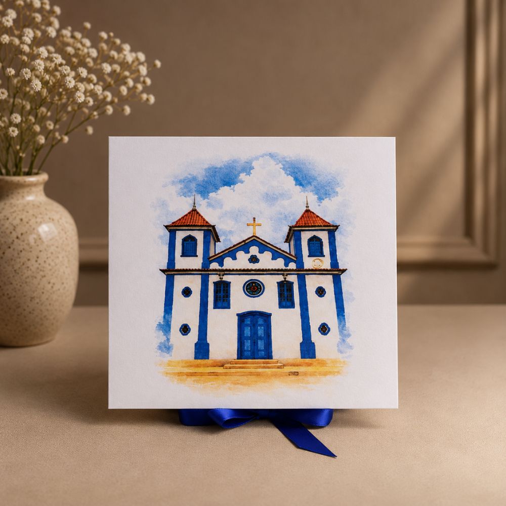 Caixa para Padrinho com Aquarela – 20 x 20 x 7 5 Detalhe da ilustração em aquarela de igreja na tampa da caixa convite para padrinhos.