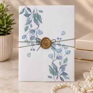 Convite em vegetal colorido personalizado com transparência, fio encerado e lacre de cera.